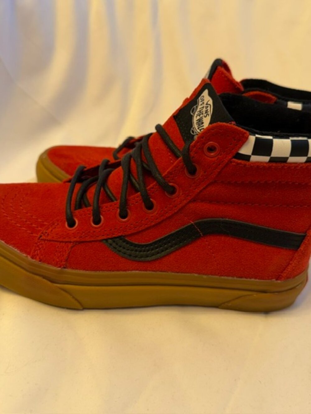 NEW Vans Sk8-Hi Kids Size 3 Red Suede Checkerboard Gum High Top Sneakers